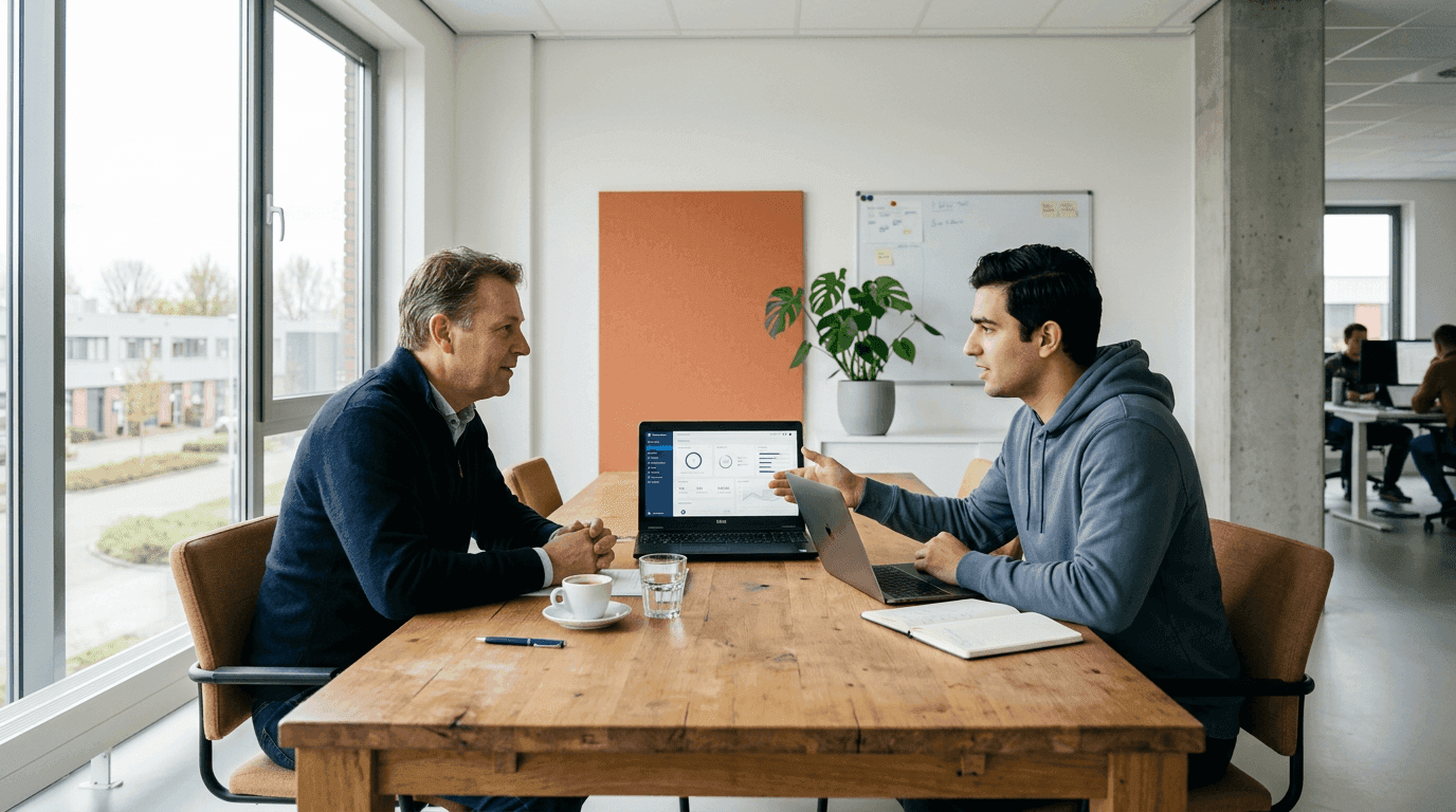 Twee collega's overleggen aan een houten tafel met een laptop die datavisualisaties toont, wat staat voor moderne samenwerking en datagestuurde besluitvorming.
